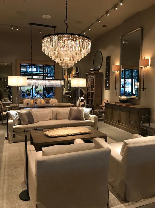 Rylight 4/5/7-laags ronde/rechthoekige kristallen dimbare kroonluchter in goud/zwarte afwerking