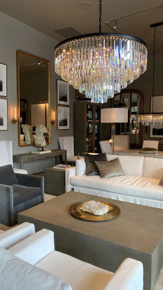 Rylight 4/5/7-laags ronde/rechthoekige kristallen dimbare kroonluchter in goud/zwarte afwerking