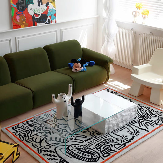 طاولة قهوة حجرية بتصميم فني من رايلايت، سطح زجاجي شفاف