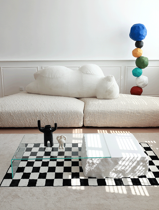 طاولة قهوة حجرية بتصميم فني من رايلايت، سطح زجاجي شفاف