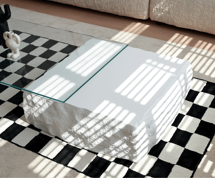 طاولة قهوة حجرية بتصميم فني من رايلايت، سطح زجاجي شفاف