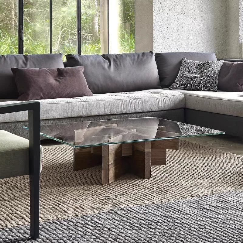 طاولة قهوة زجاجية إيطالية بسيطة بقاعدة من الخشب الصلب