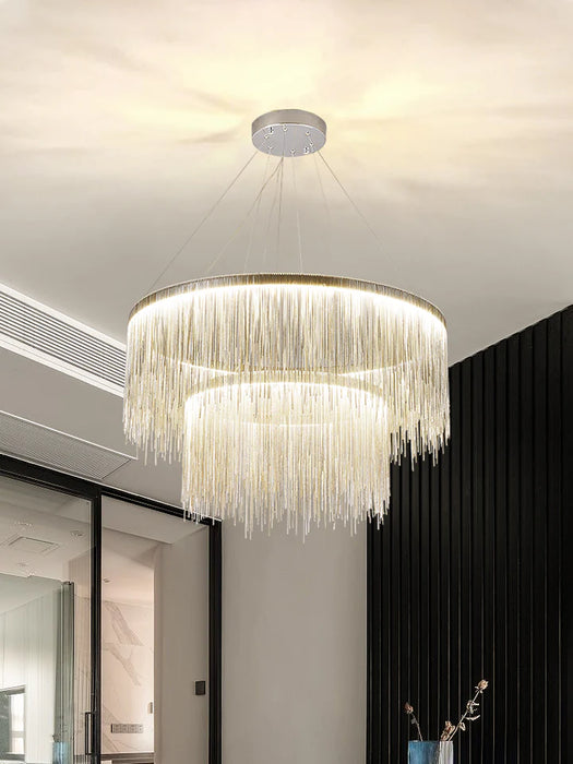 Rylight 1/2-Layer Round Aluminum Tassel Chandelier in Chrome Finish