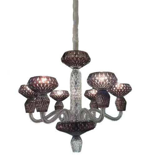 Luxe handgegraveerde kroonluchter van helder/blauw/pruimkleurig kristal 