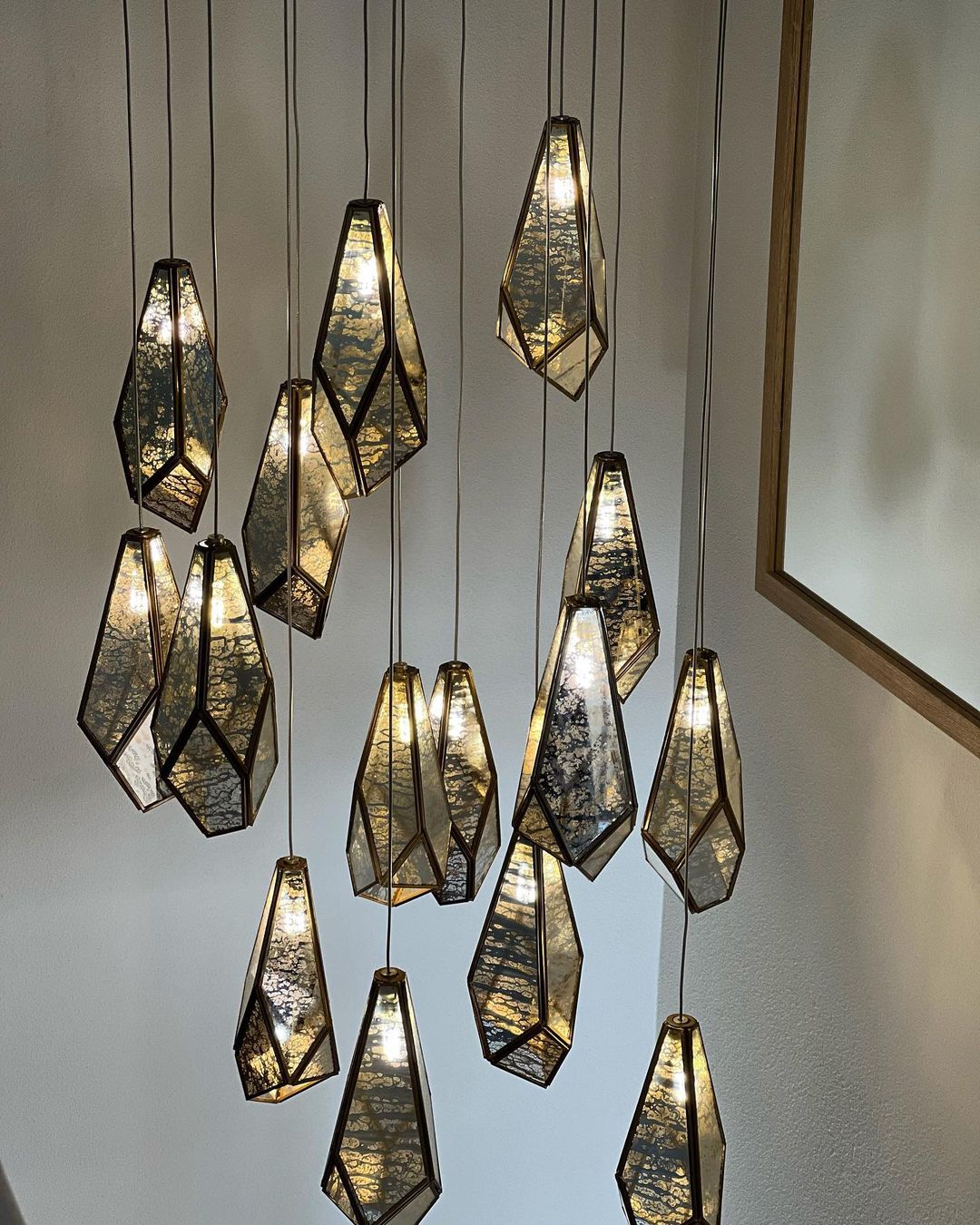 Rylight 1/3/7/15/30/36-Light Diamond Mirror Multi-Drop Pendant Chandelier in Antique Brass Finish