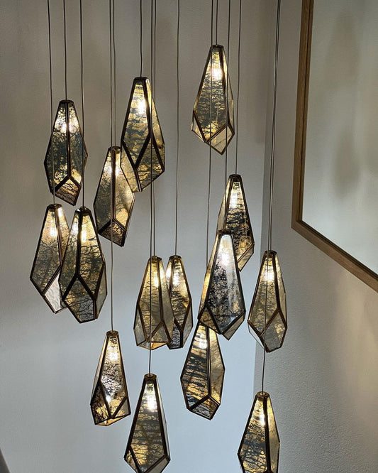 Rylight 1/3/7/15/30/36-lichts diamanten spiegel hanglamp met meerdere druppels in antieke messing afwerking