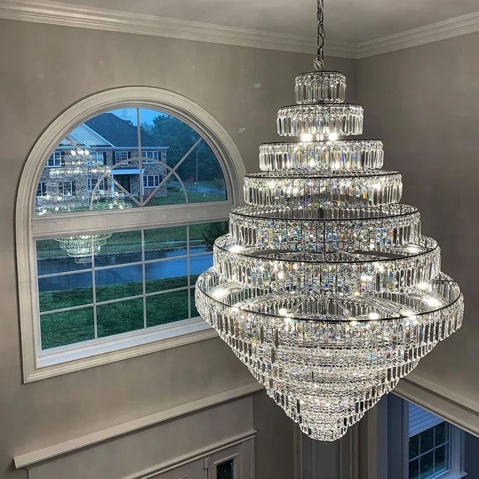 Rylight extra grote meerlaagse chroom/gouden kristallen kroonluchter