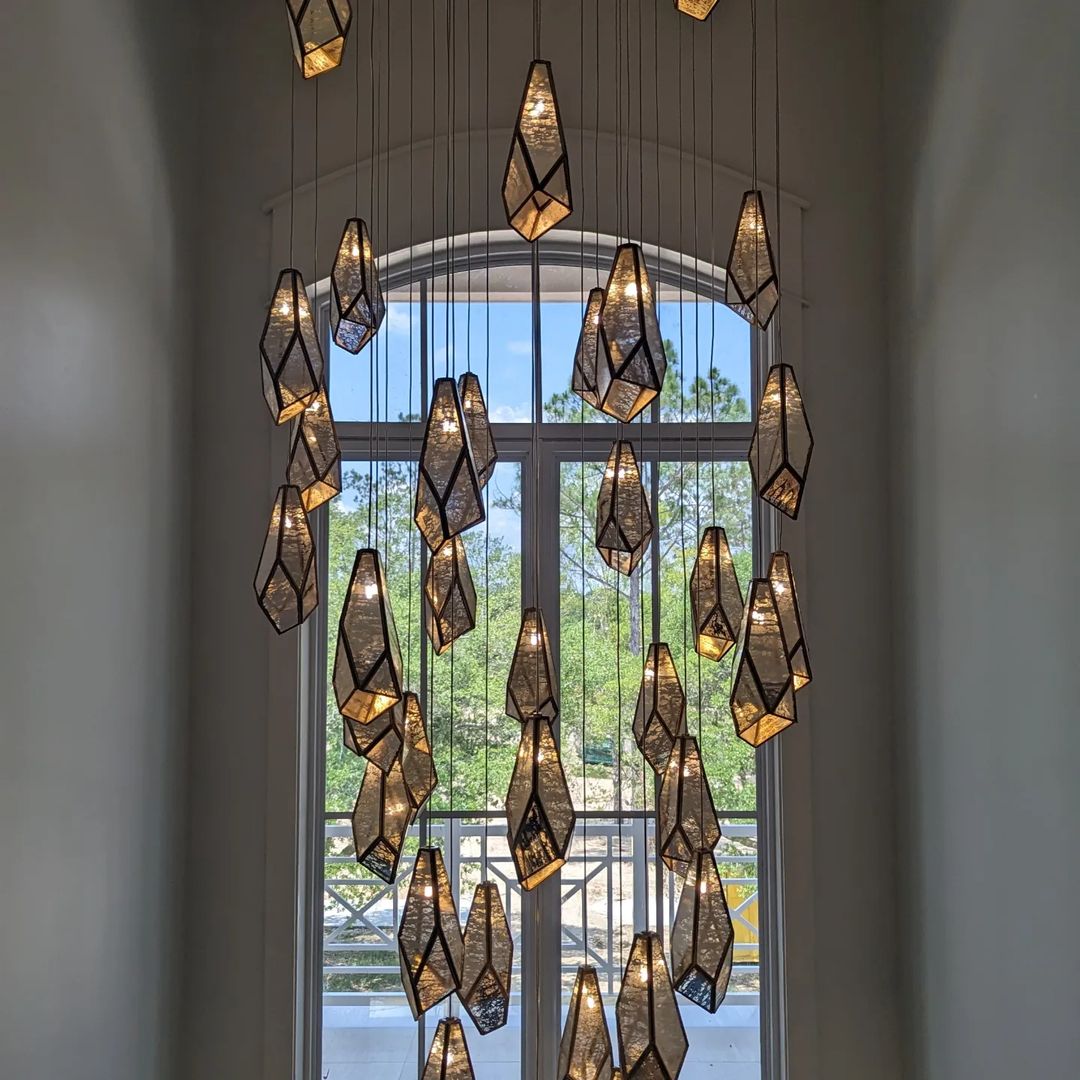 Rylight 1/3/7/15/30/36-Light Diamond Mirror Multi-Drop Pendant Chandelier in Antique Brass Finish