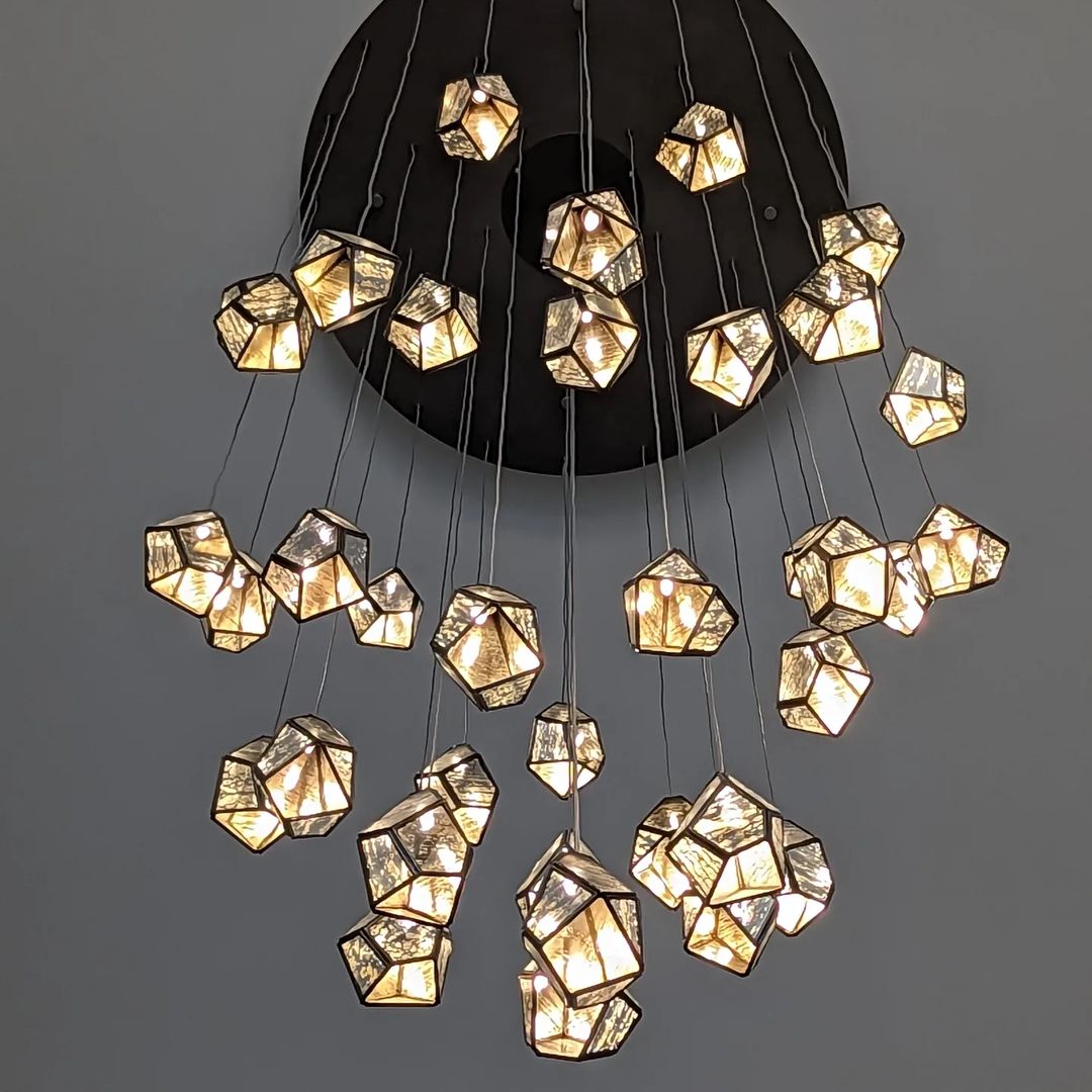 Rylight 1/3/7/15/30/36-Light Diamond Mirror Multi-Drop Pendant Chandelier in Antique Brass Finish