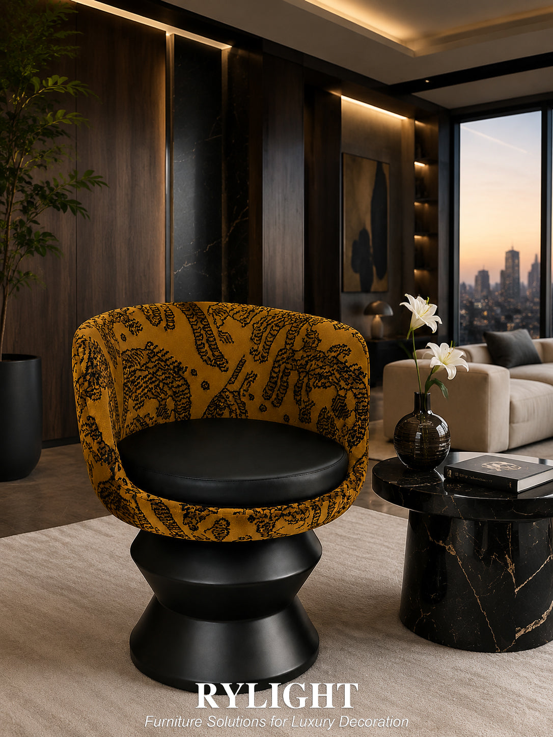 Tiger Mountain Velvet Swivel Accent Chair with Sculptural Pedestal Base