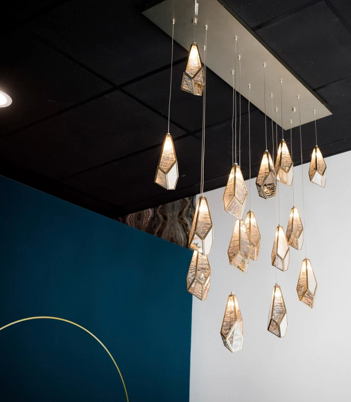 Rylight 1/3/7/15/30/36-Light Diamond Mirror Multi-Drop Pendant Chandelier in Antique Brass Finish