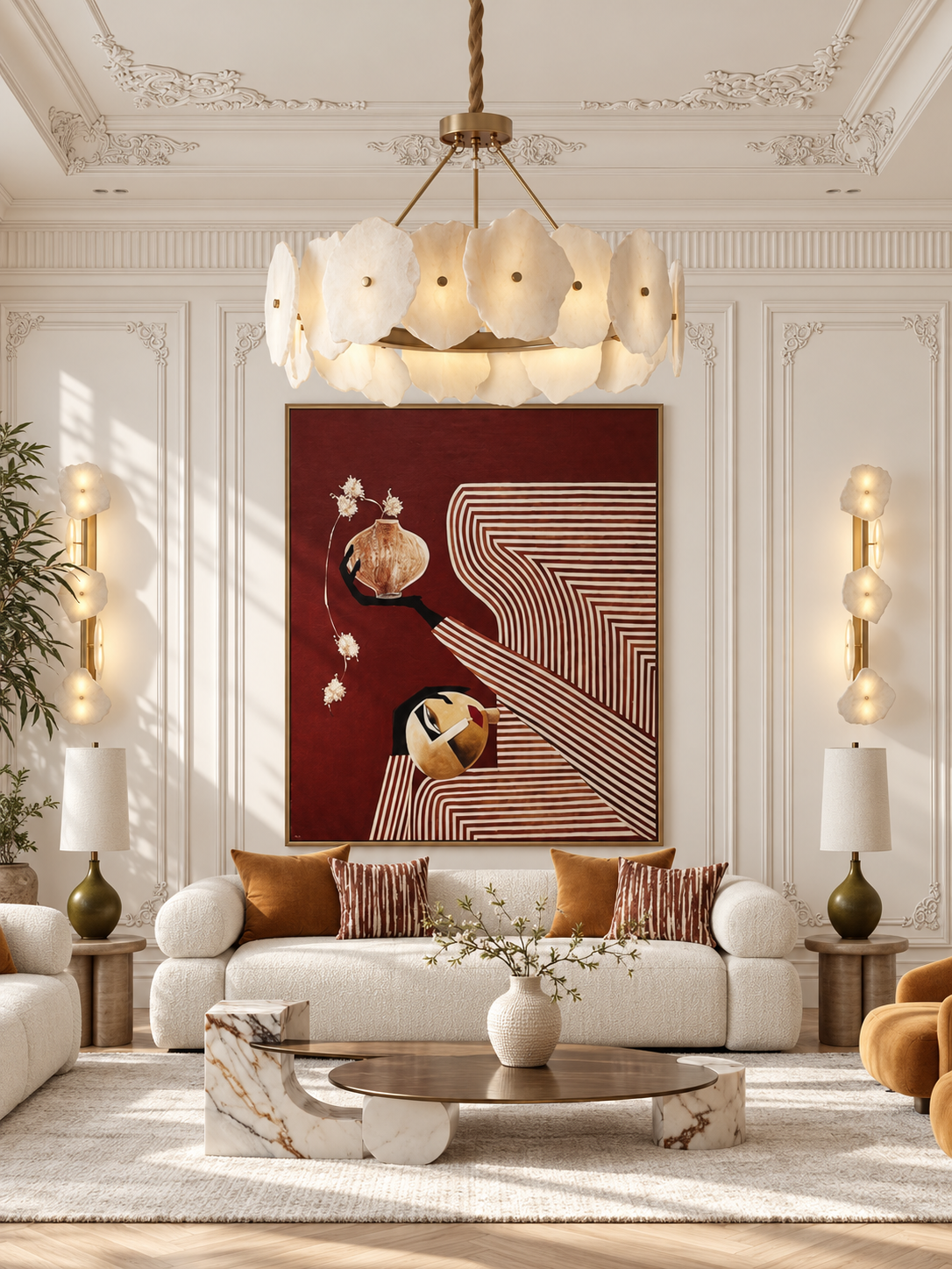 French style Petal Sculptural Alabaster Chandelier