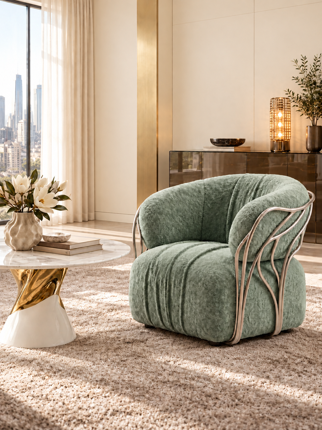 Lumina Sage Velvet Sculptural Lounge Chair