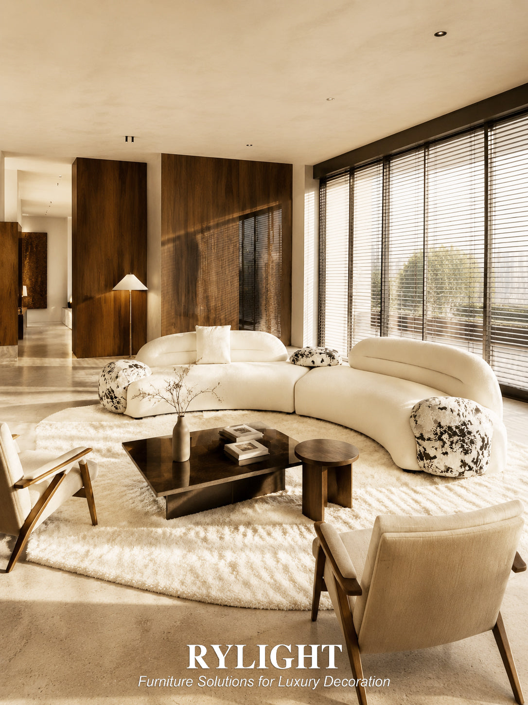 Rylight eigentijdse, artistiek gepatroneerde beige gebogen modulaire bank met accent