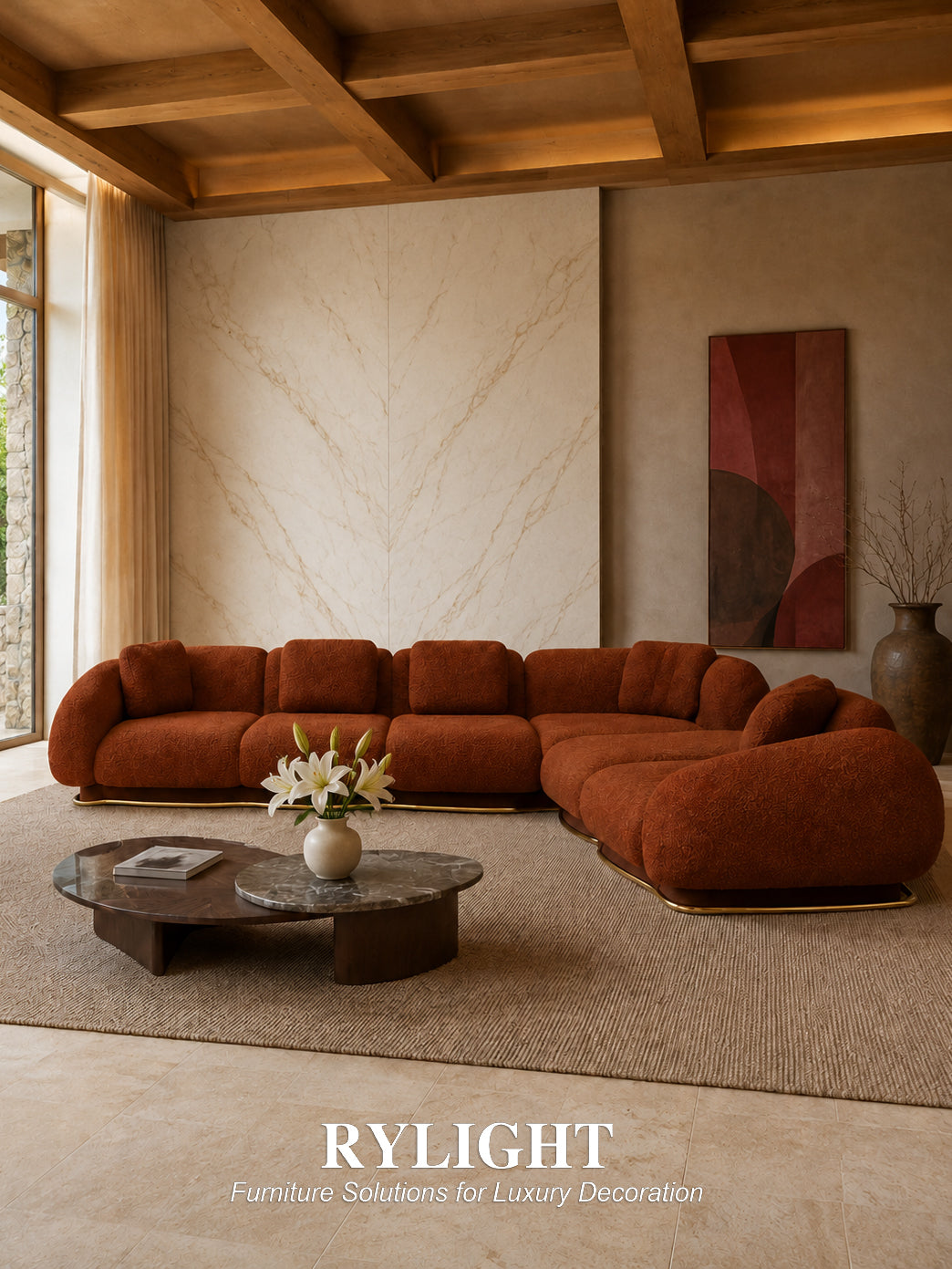 Aurelia Caramel Sculptural L-Shaped Modular Sectional Sofa