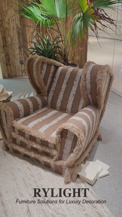 Rylight Vintage Luxury Striped Textured Fabric Wingback Lounge Chair