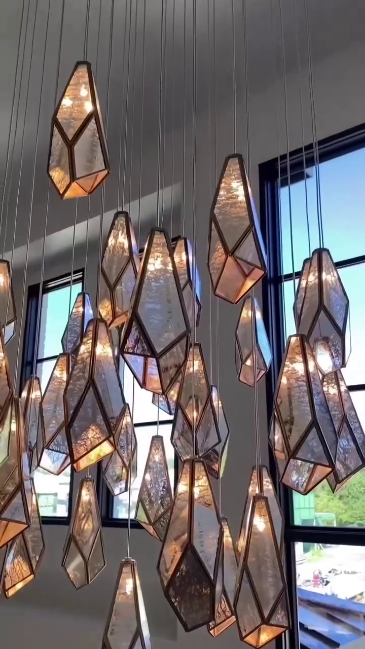 Rylight 1/3/7/15/30/36-Light Diamond Mirror Multi-Drop Pendant Chandelier in Antique Brass Finish