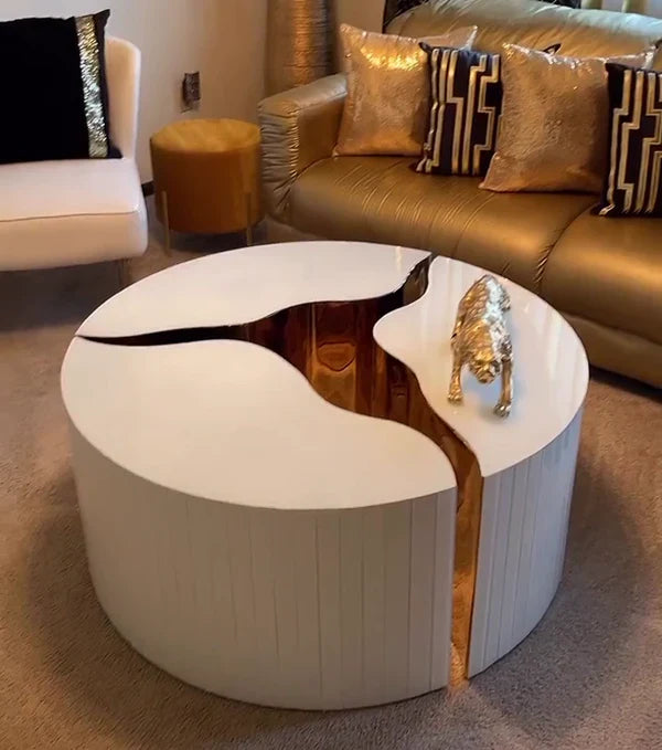 طاولة قهوة مستديرة فاخرة من رايلايت، لون ذهبي متشقق، مكونة من 3 قطع