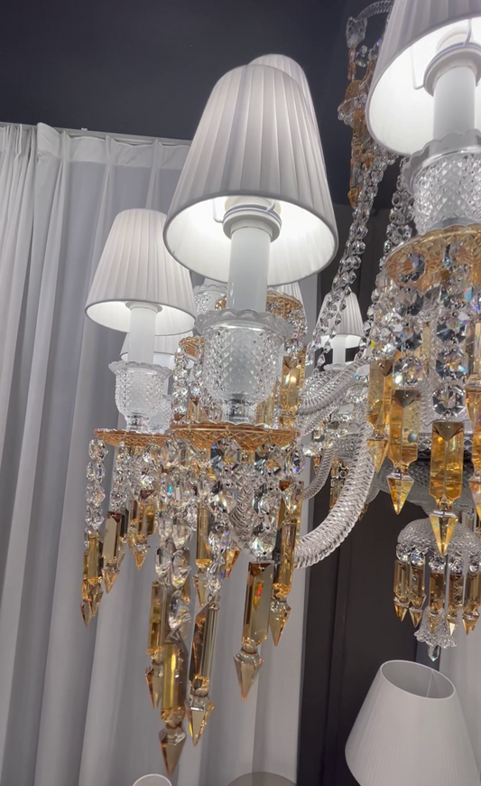 Large Light Luxury Classic Tiered Yellow Crystal Candle Lampshade Chandelier for High-ceiling Rooms/Living Room
