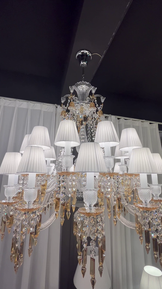 Large Light Luxury Classic Tiered Yellow Crystal Candle Lampshade Chandelier for High-ceiling Rooms/Living Room